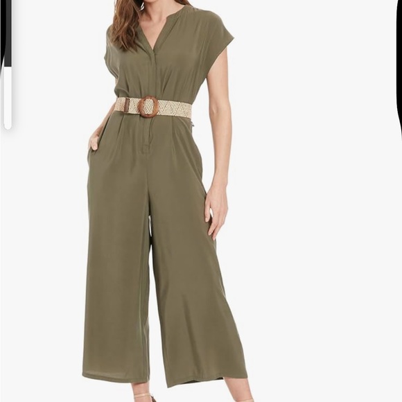 London Times Pants - London Times Olive Jumpsuit with Tan Belt